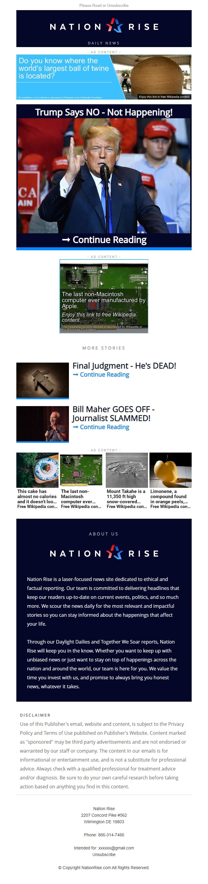 Screenshot of the email generated on import