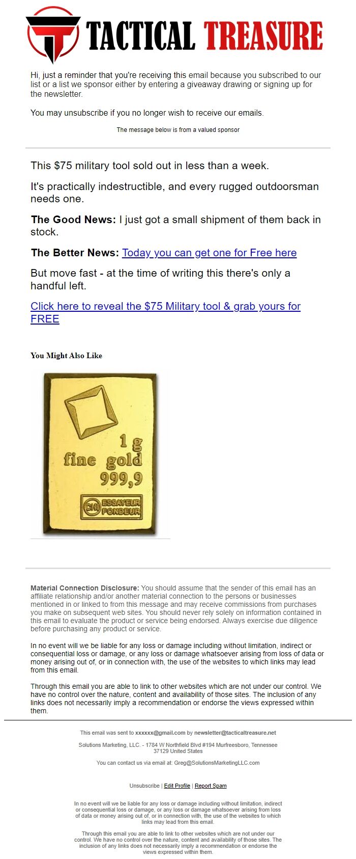 Screenshot of the email generated on import