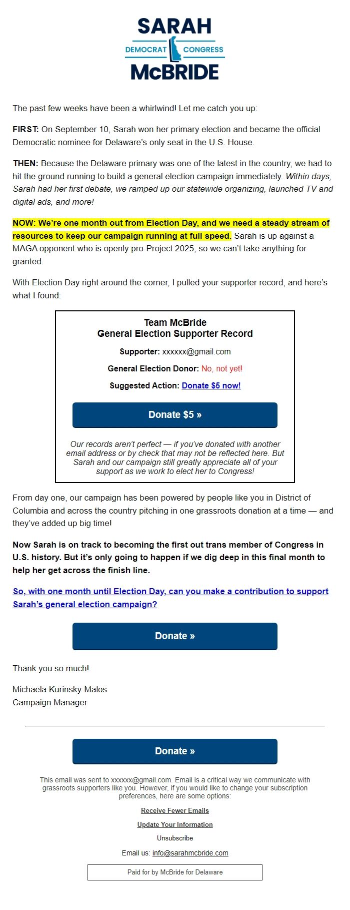 Screenshot of the email generated on import