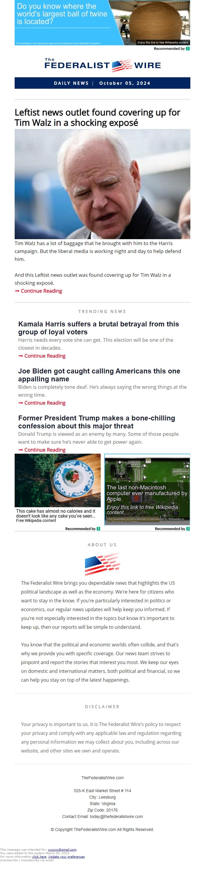 Screenshot of the email generated on import