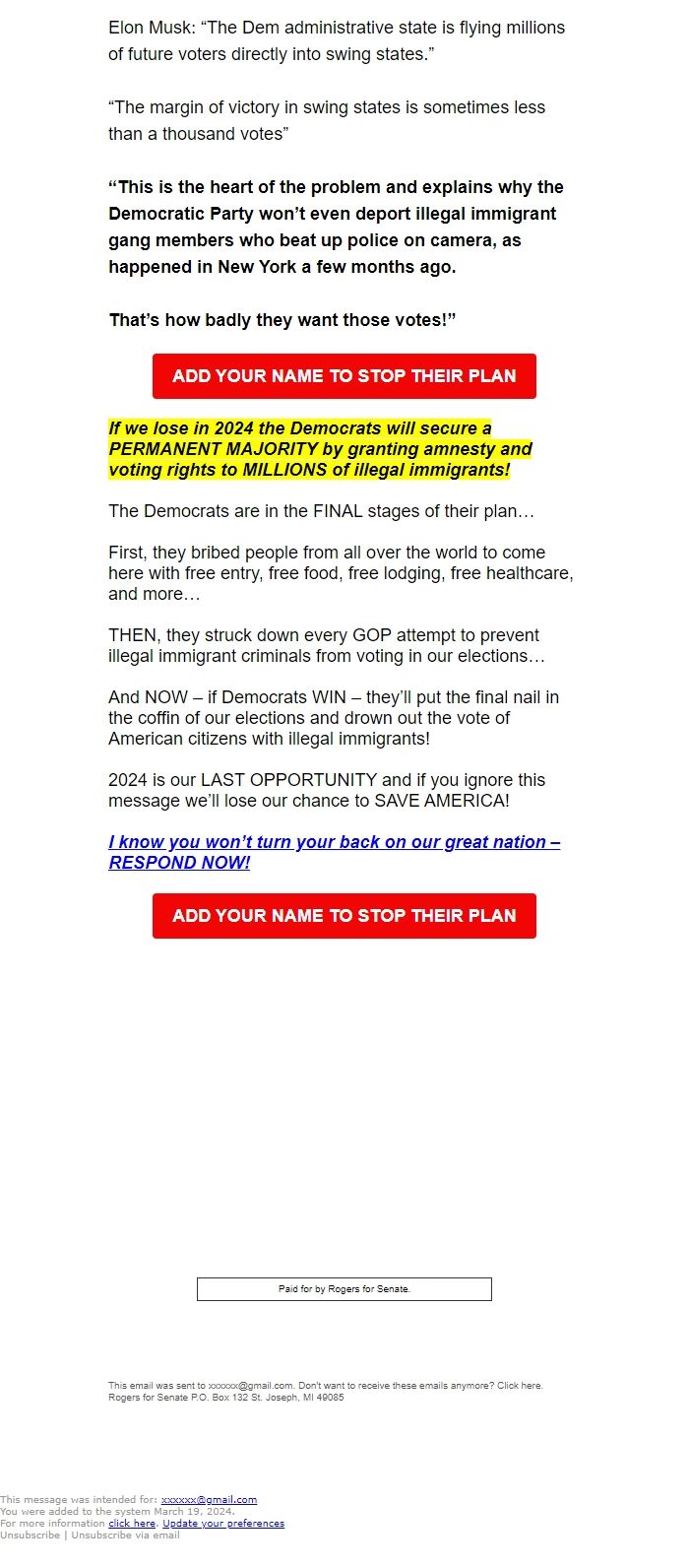 Screenshot of the email generated on import