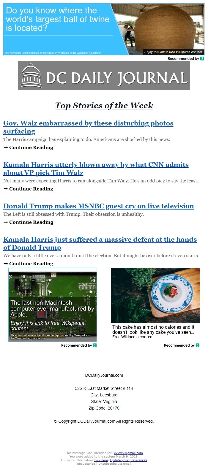 Screenshot of the email generated on import