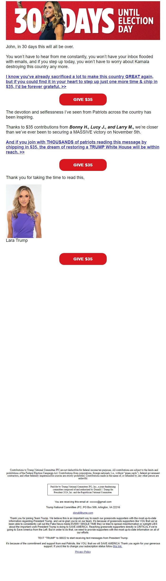 Screenshot of the email generated on import