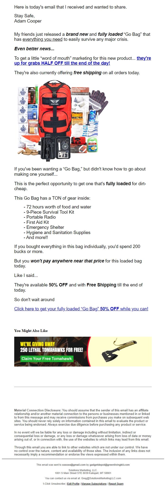 Screenshot of the email generated on import