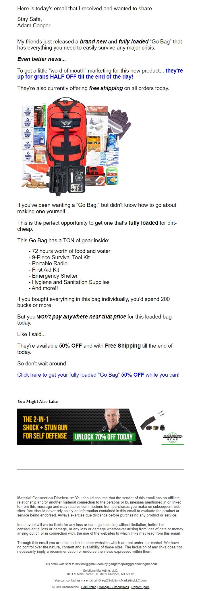 Screenshot of the email generated on import