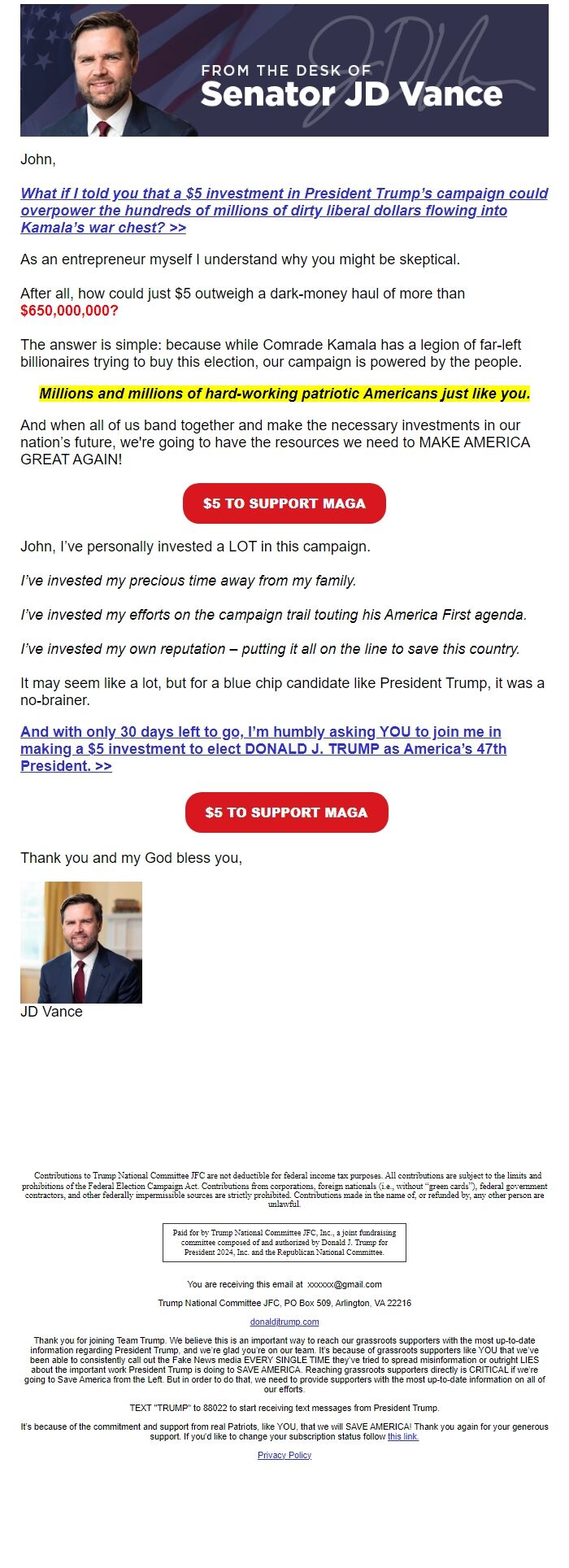 Screenshot of the email generated on import