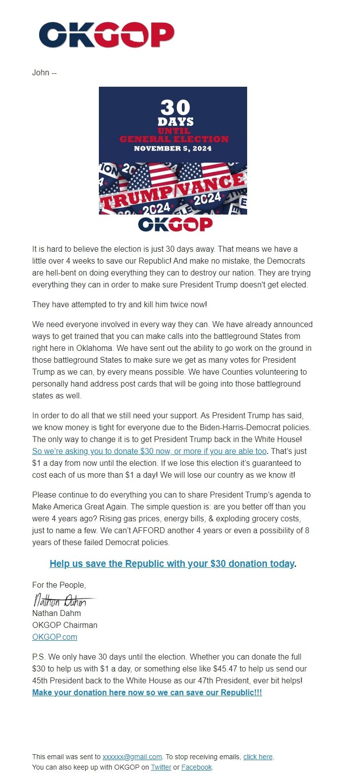 Screenshot of the email generated on import