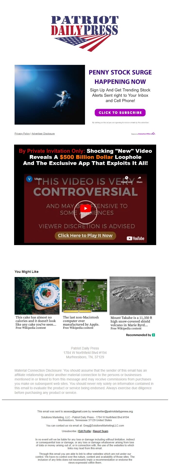 Screenshot of the email generated on import