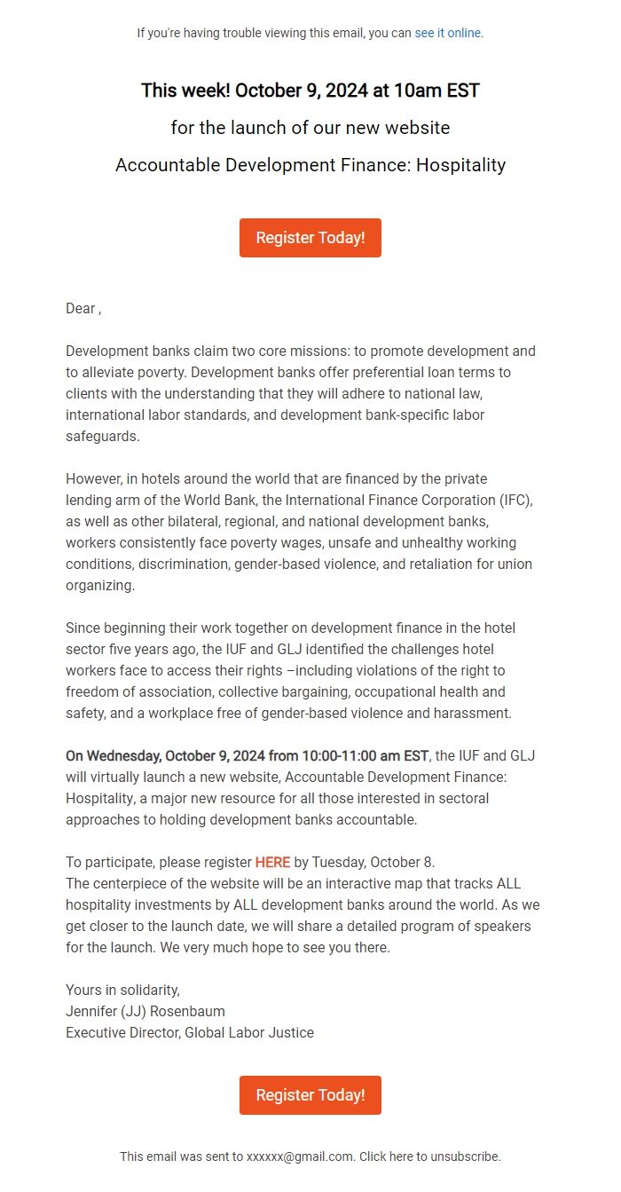 Screenshot of the email generated on import