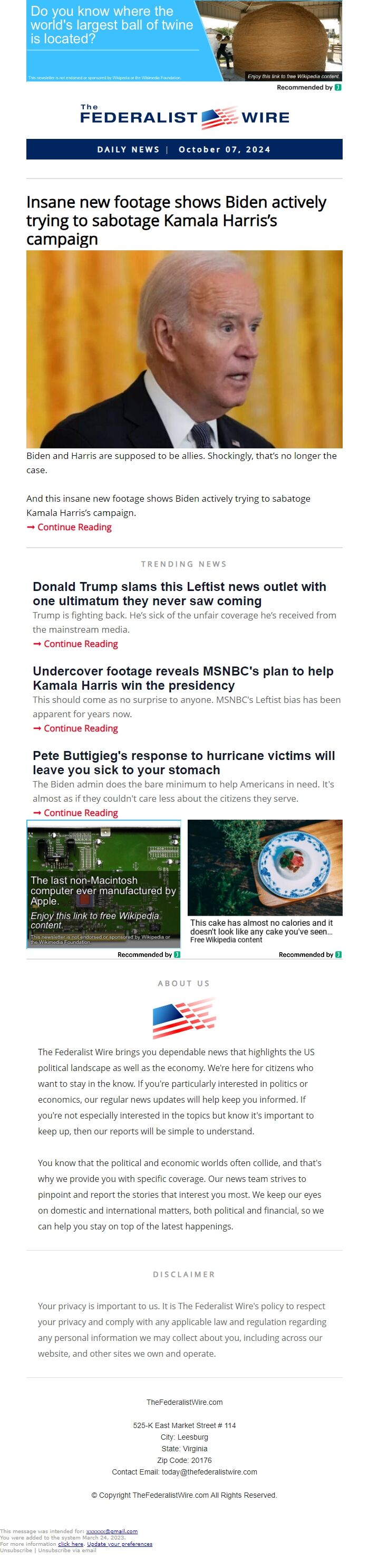 Screenshot of the email generated on import