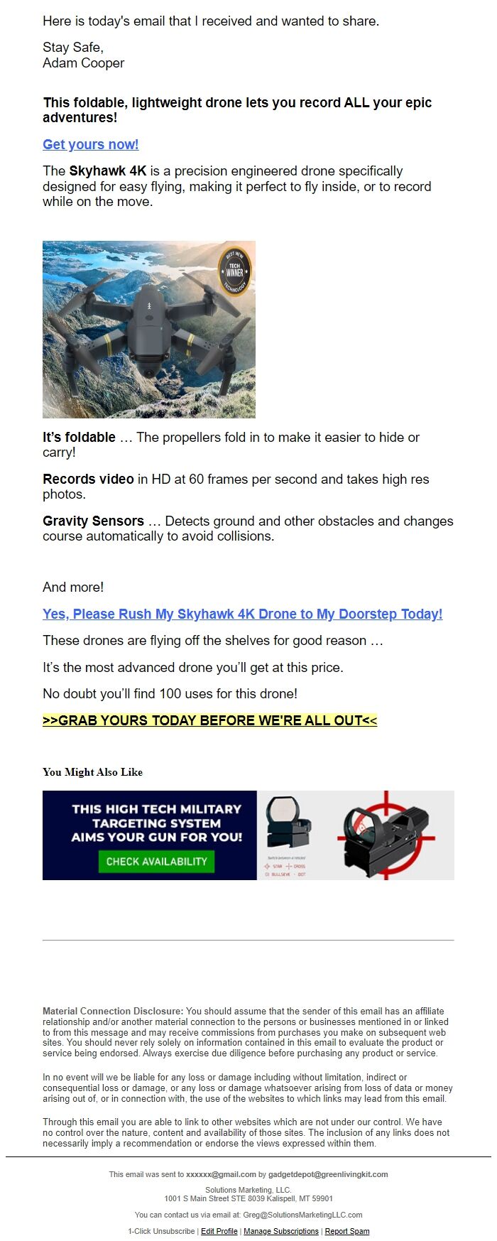 Screenshot of the email generated on import