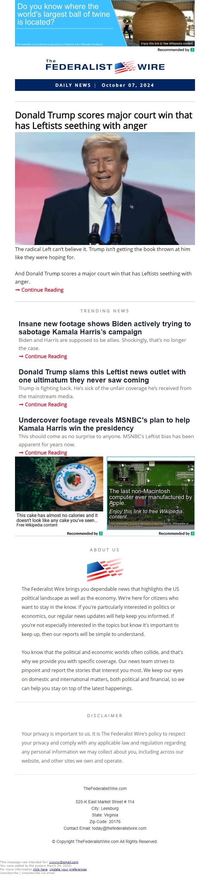 Screenshot of the email generated on import