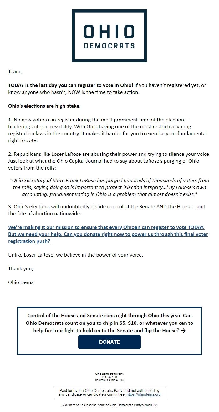 Screenshot of the email generated on import