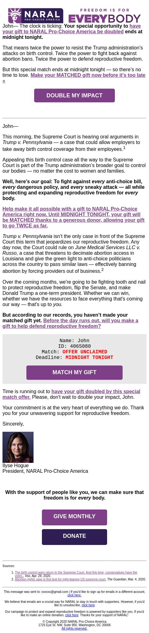 Screenshot of the email generated on import