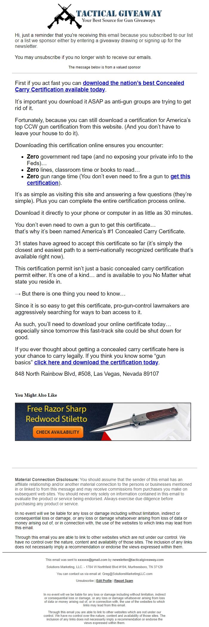 Screenshot of the email generated on import