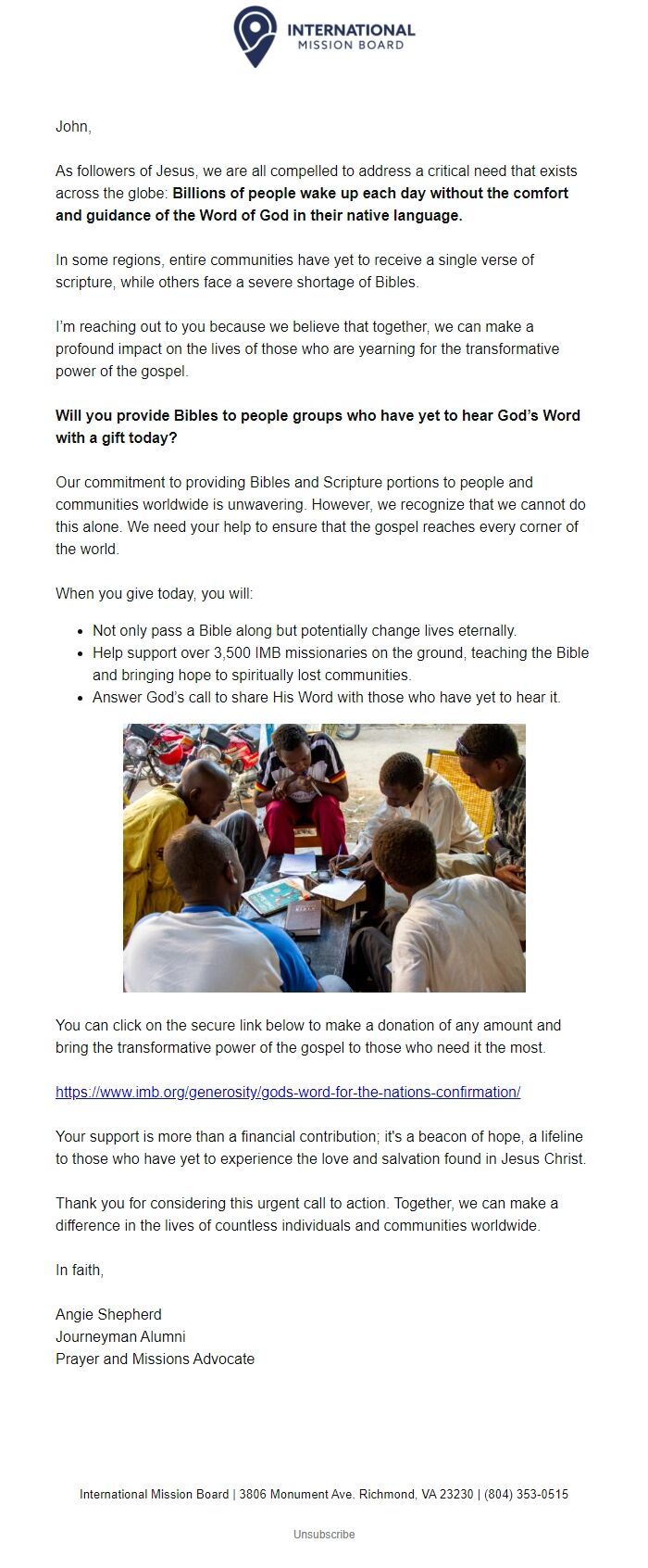 Screenshot of the email generated on import