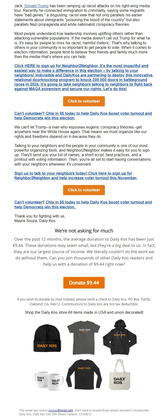 Screenshot of the email generated on import