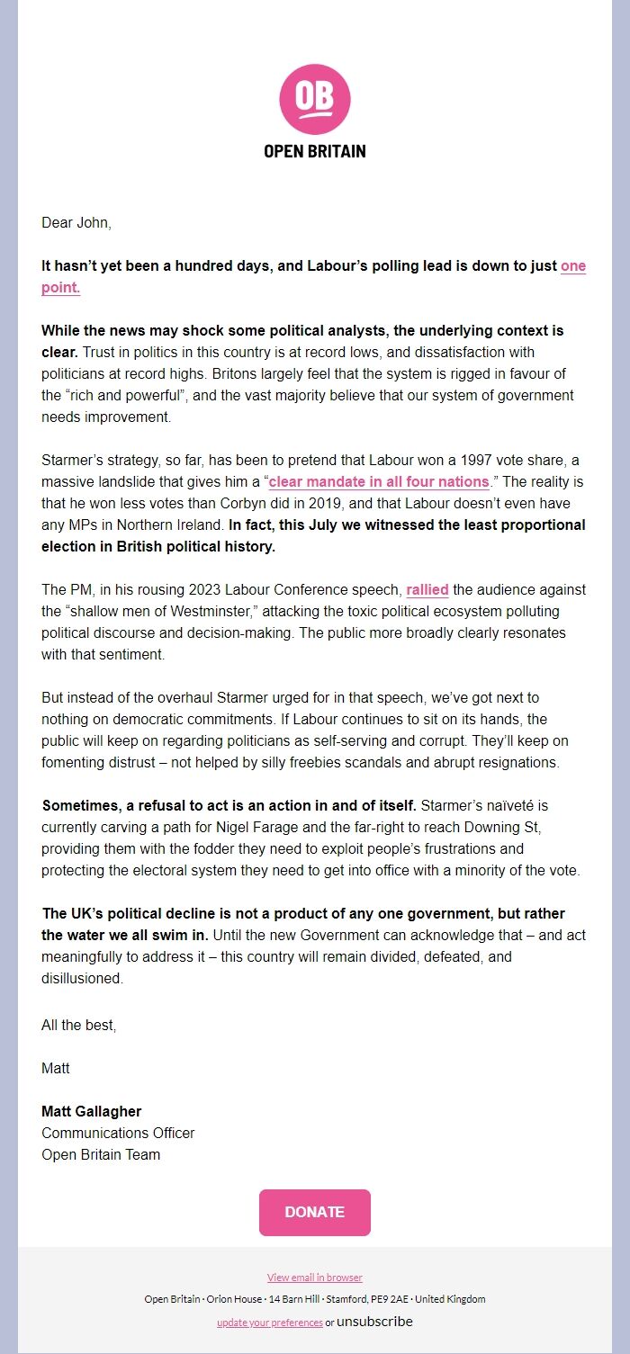 Screenshot of the email generated on import