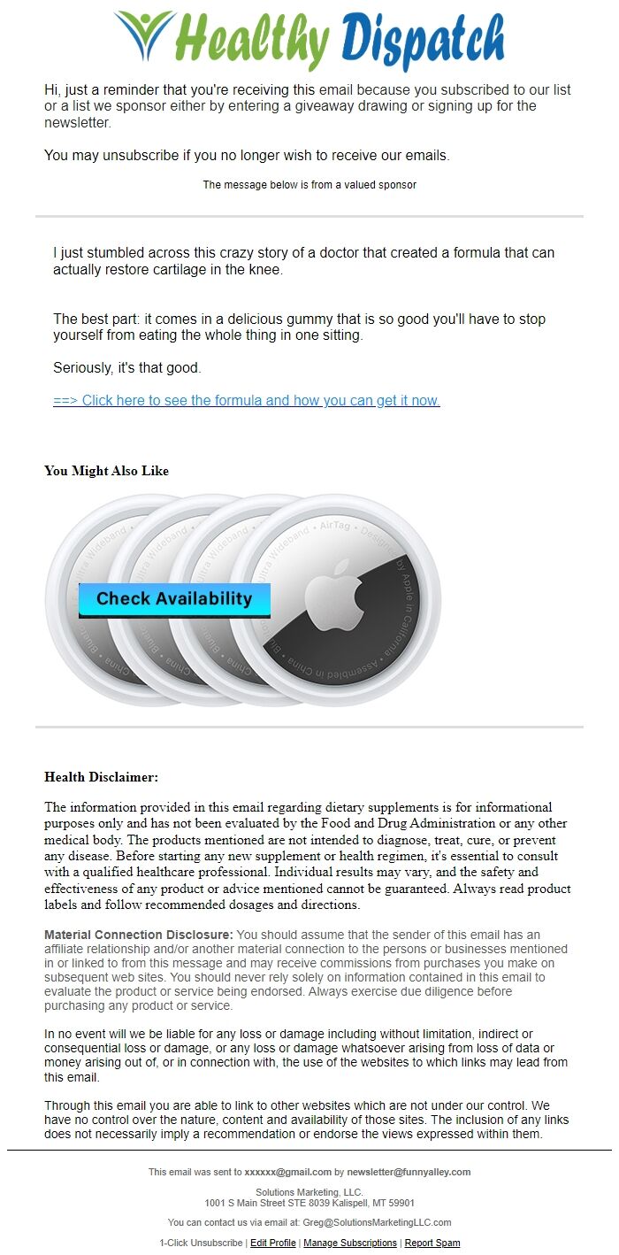Screenshot of the email generated on import