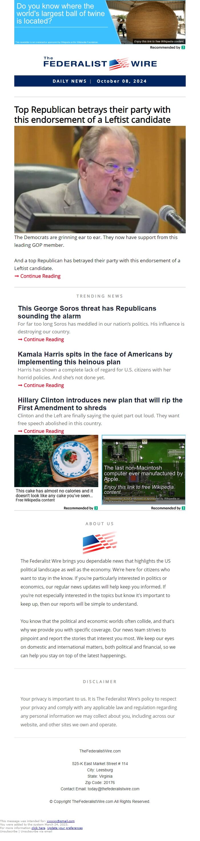 Screenshot of the email generated on import