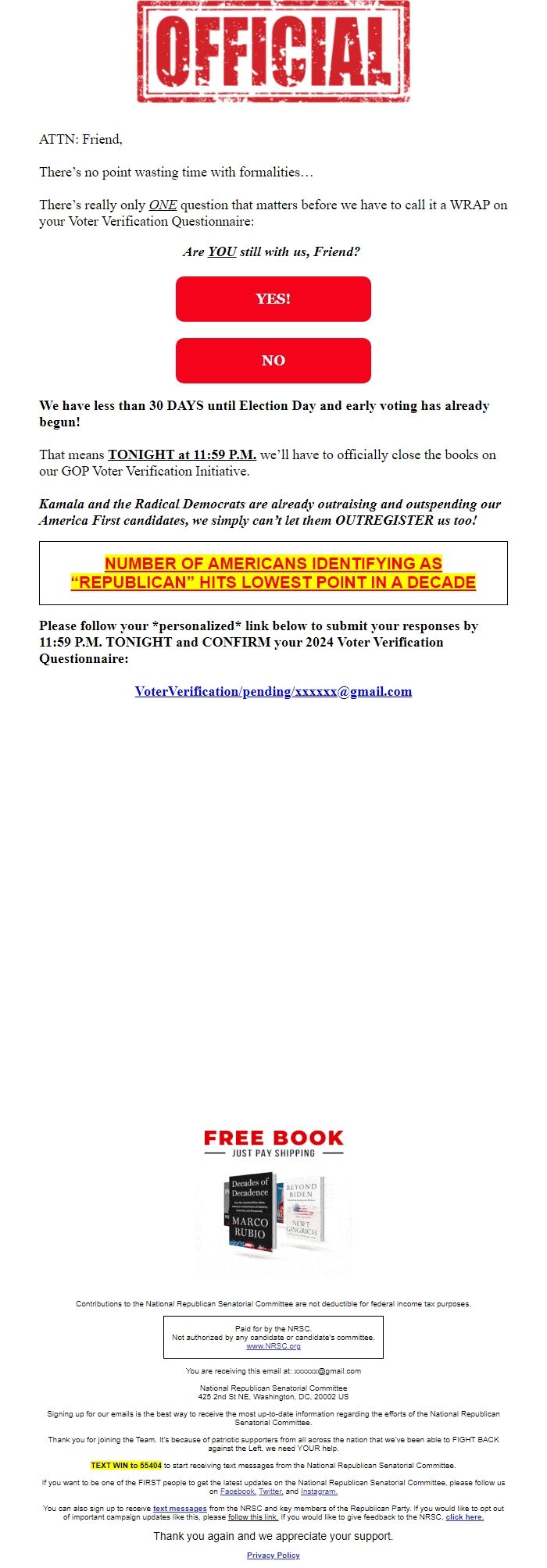 Screenshot of the email generated on import