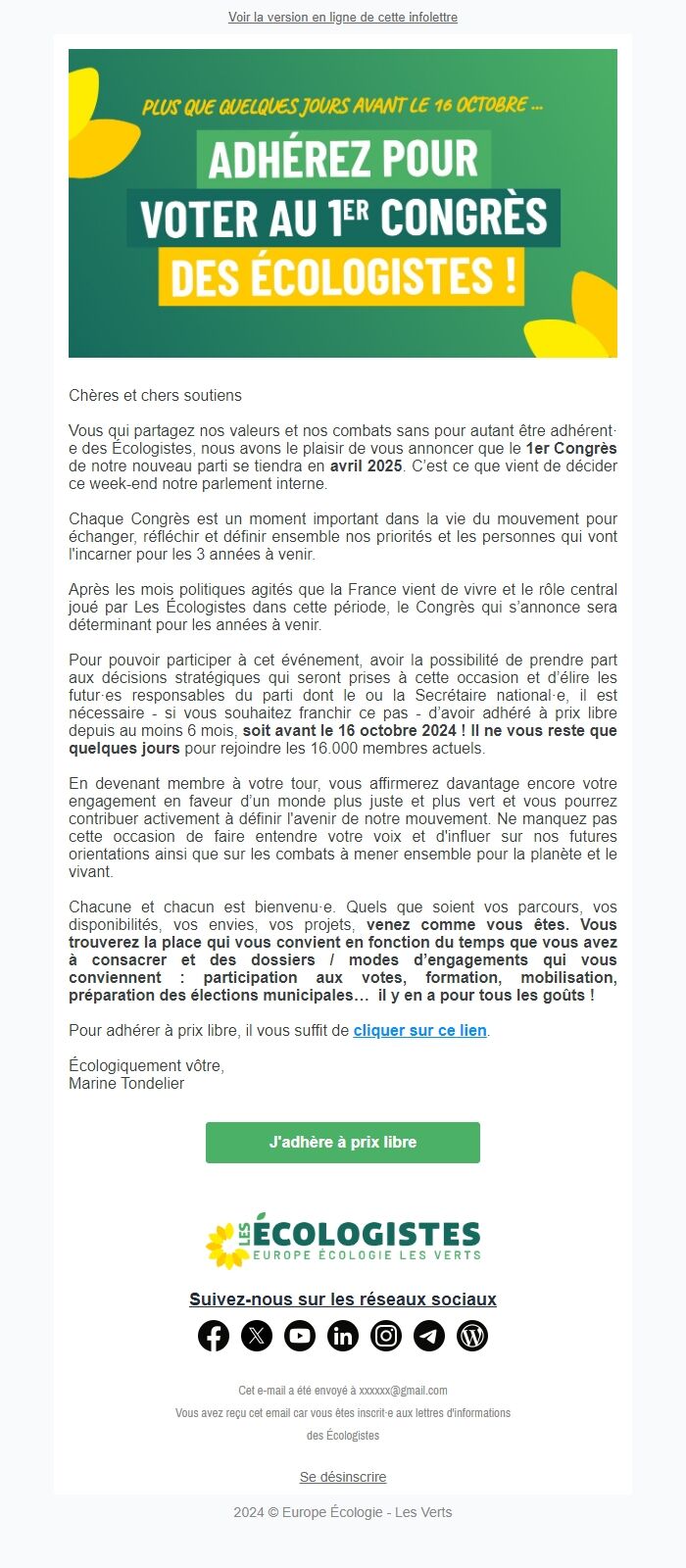 Screenshot of the email generated on import
