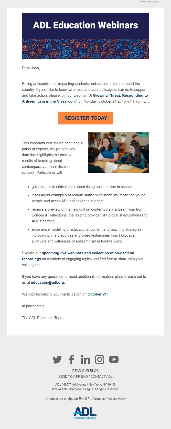 Screenshot of the email generated on import