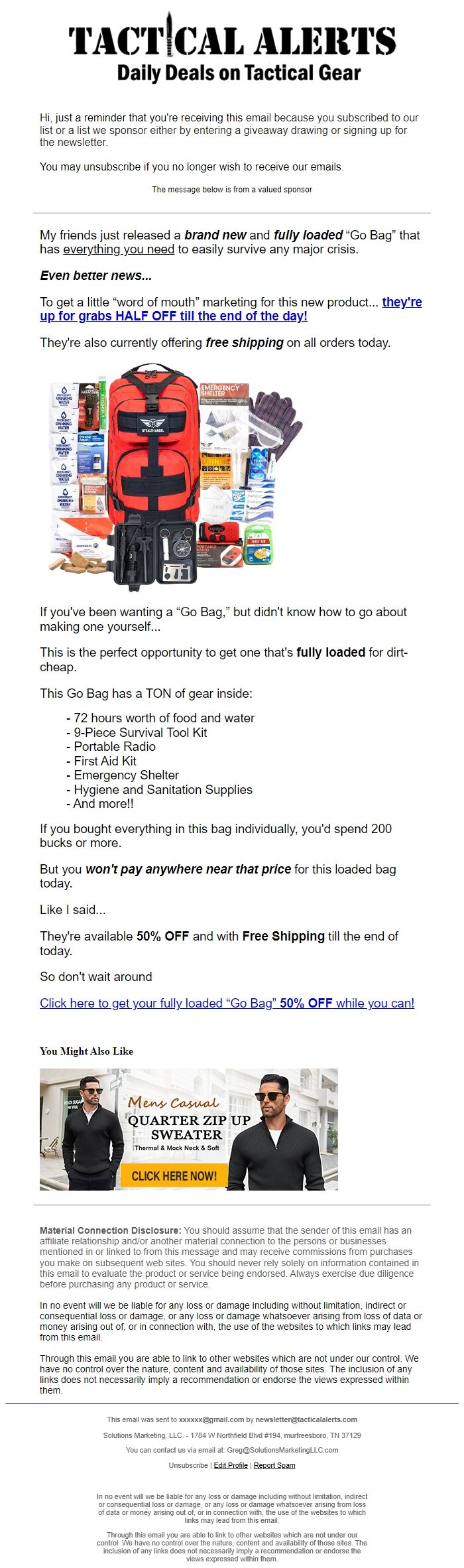 Screenshot of the email generated on import