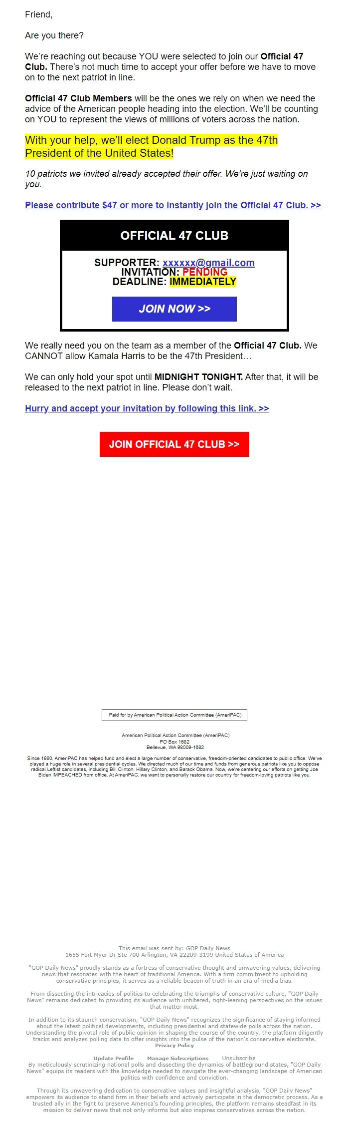 Screenshot of the email generated on import