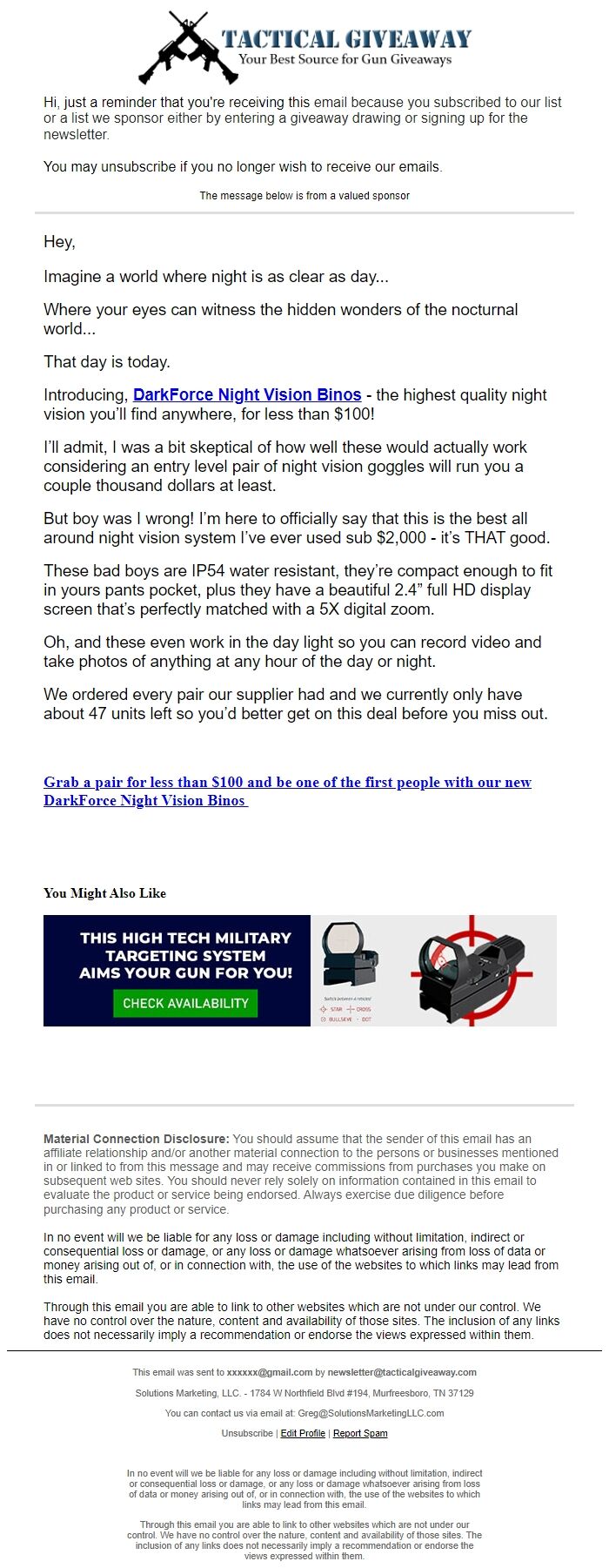 Screenshot of the email generated on import