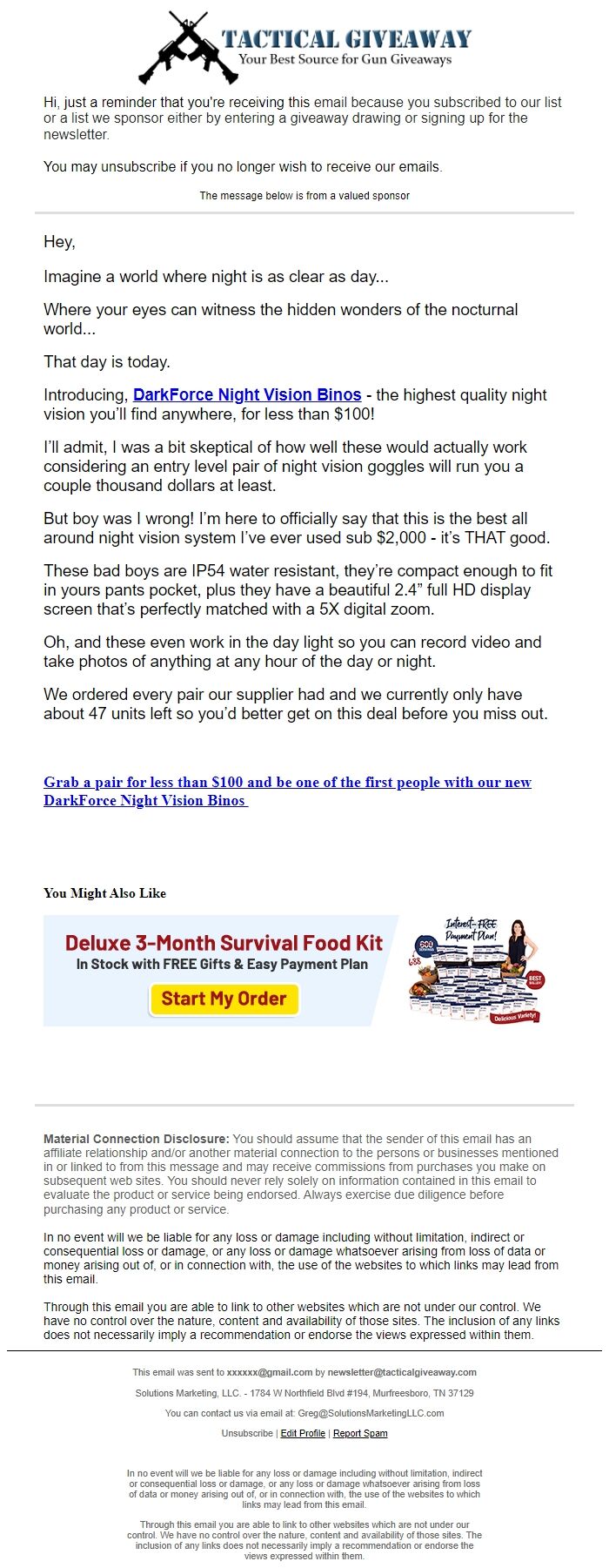 Screenshot of the email generated on import