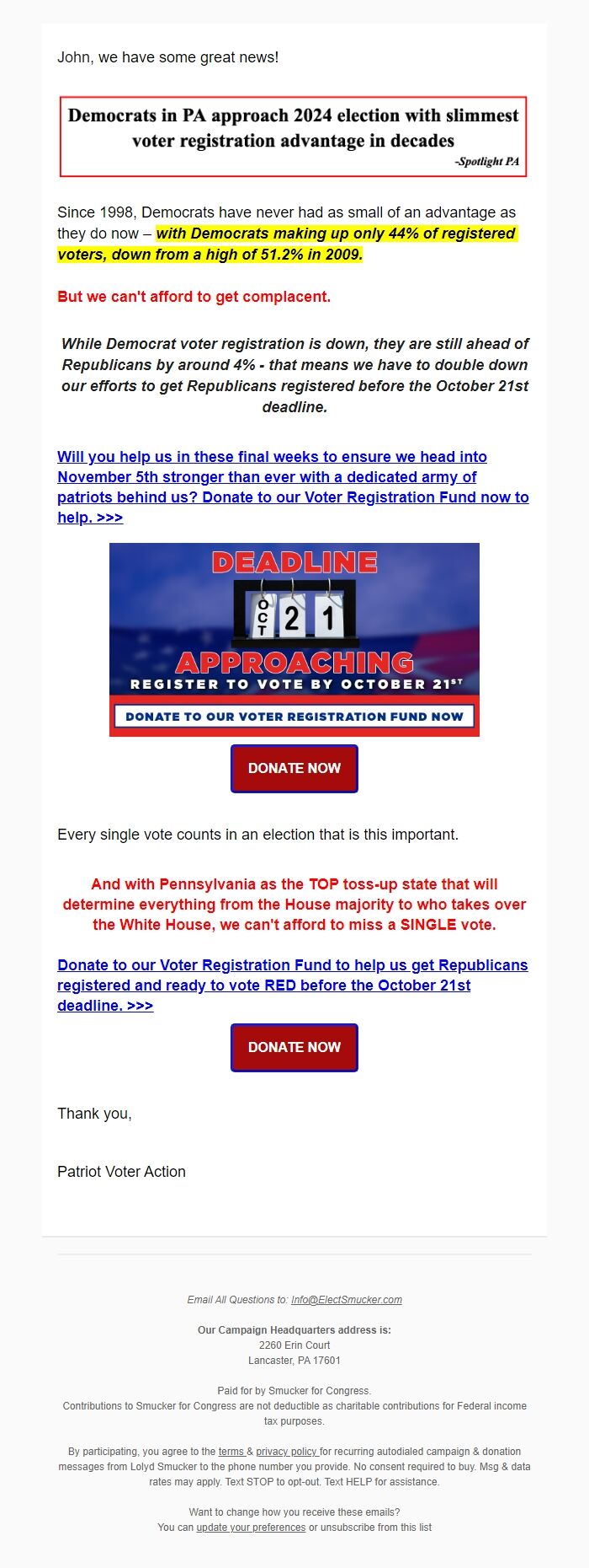 Screenshot of the email generated on import