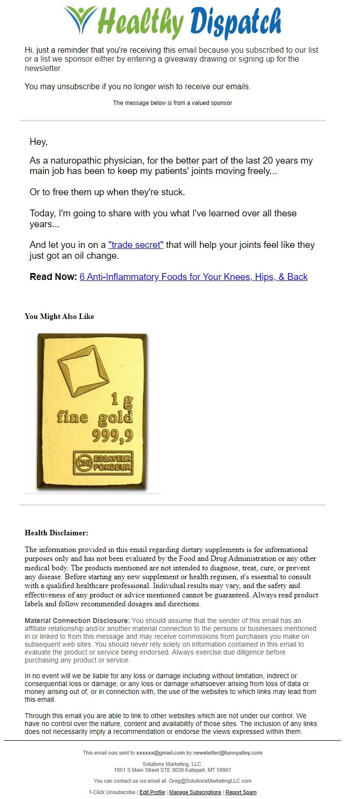 Screenshot of the email generated on import