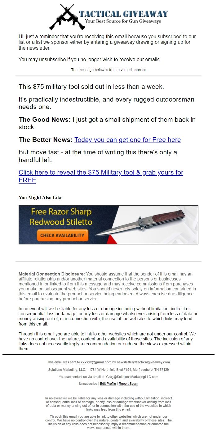 Screenshot of the email generated on import