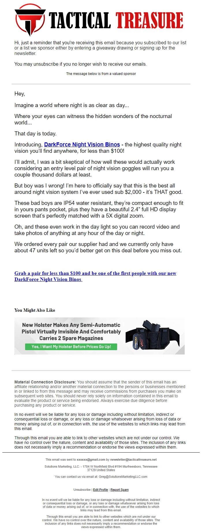Screenshot of the email generated on import