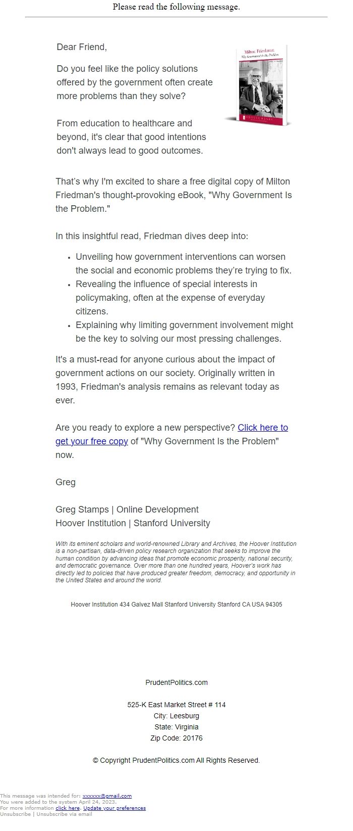 Screenshot of the email generated on import