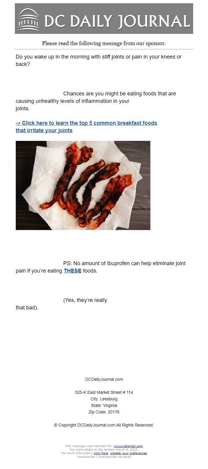 Screenshot of the email generated on import