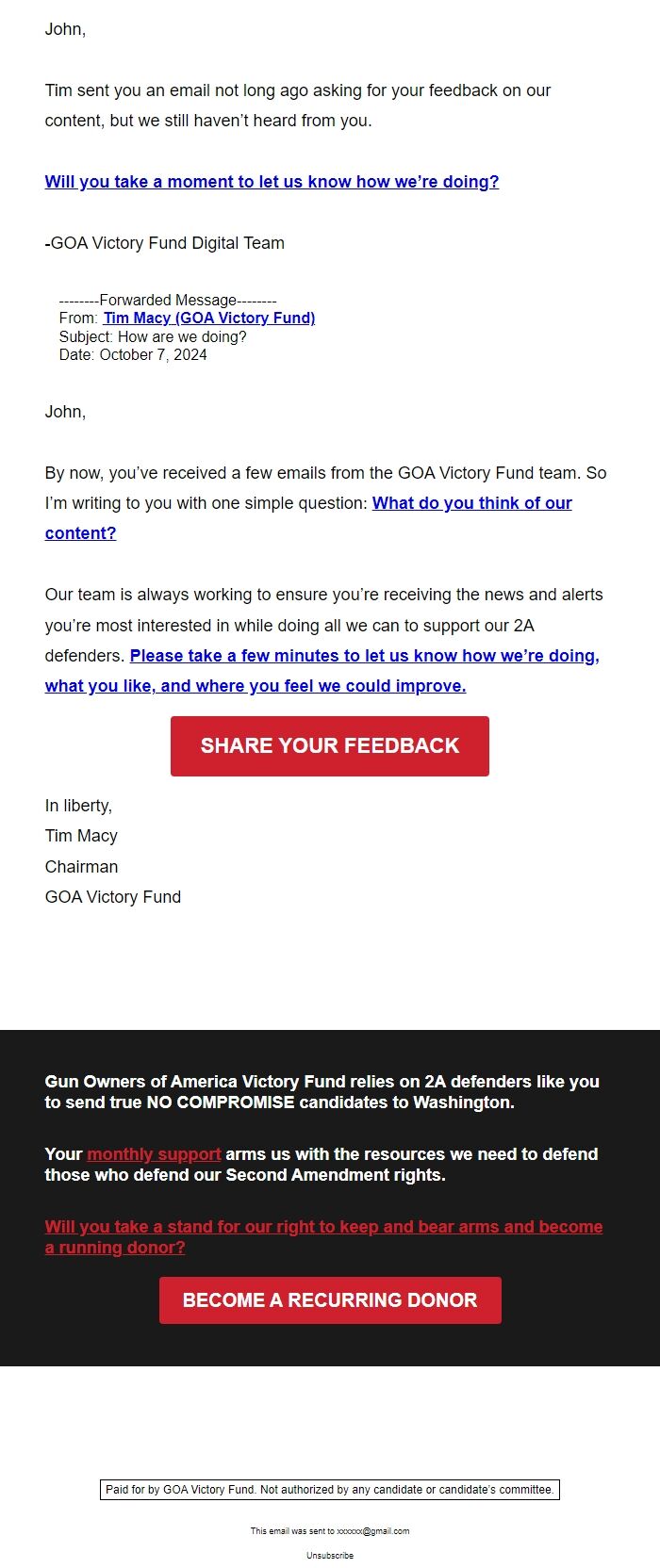 Screenshot of the email generated on import