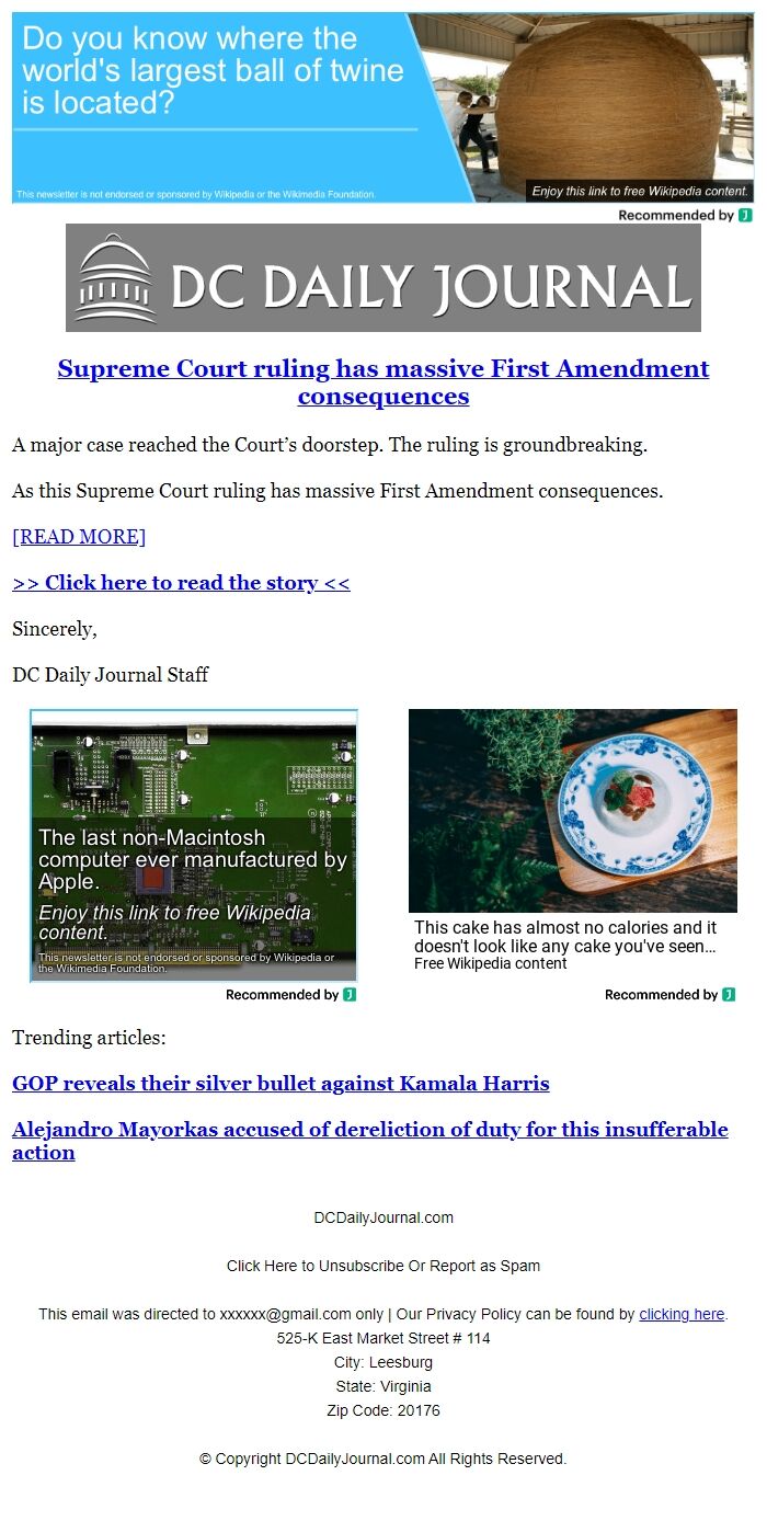 Screenshot of the email generated on import