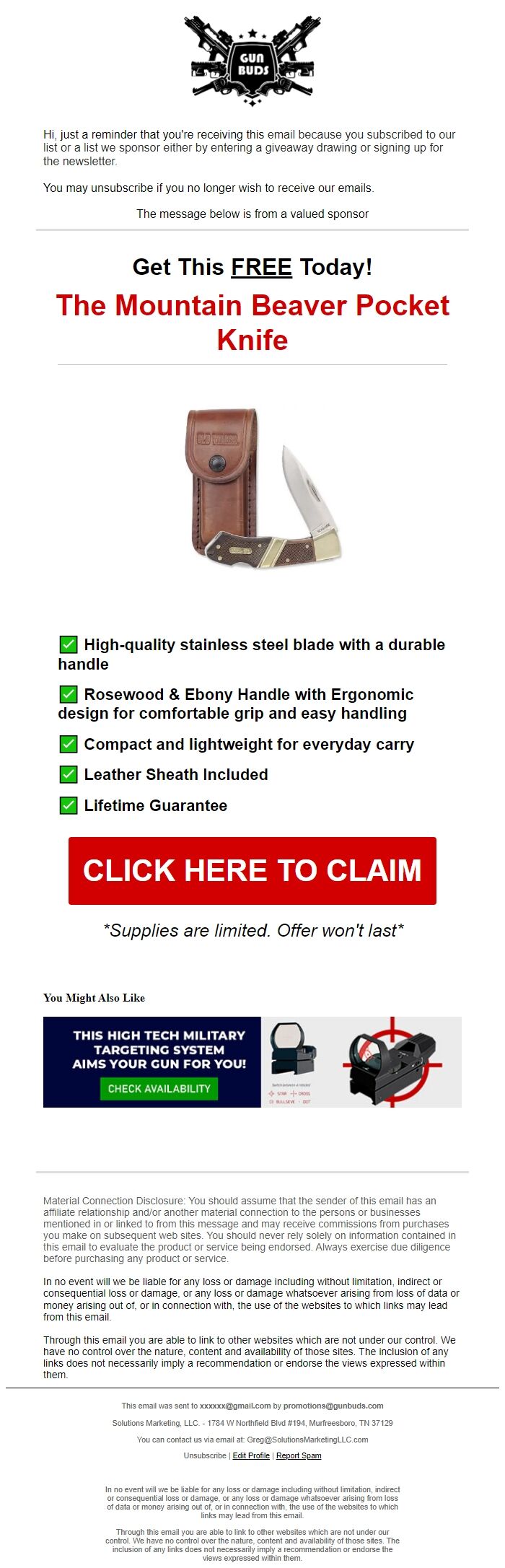 Screenshot of the email generated on import