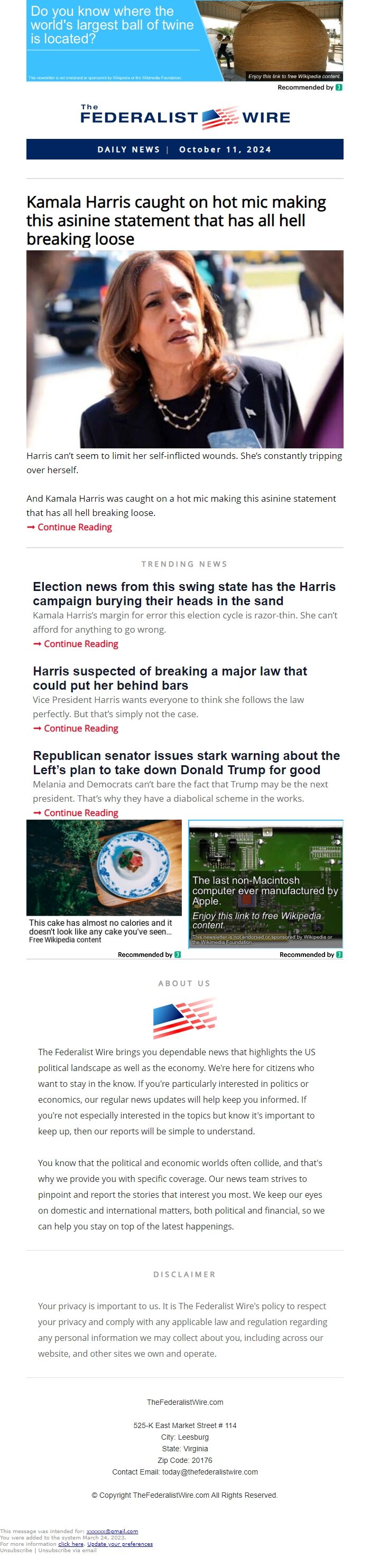 Screenshot of the email generated on import