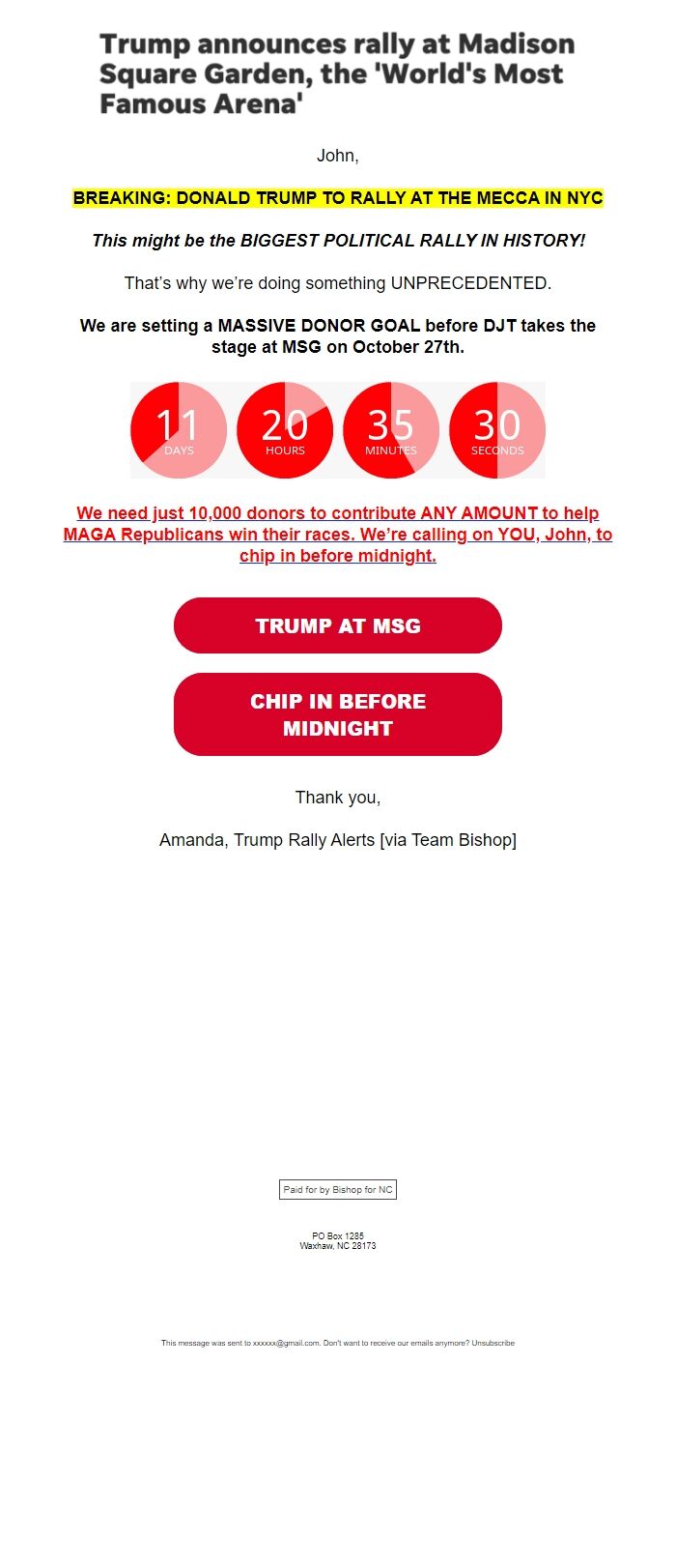 Screenshot of the email generated on import