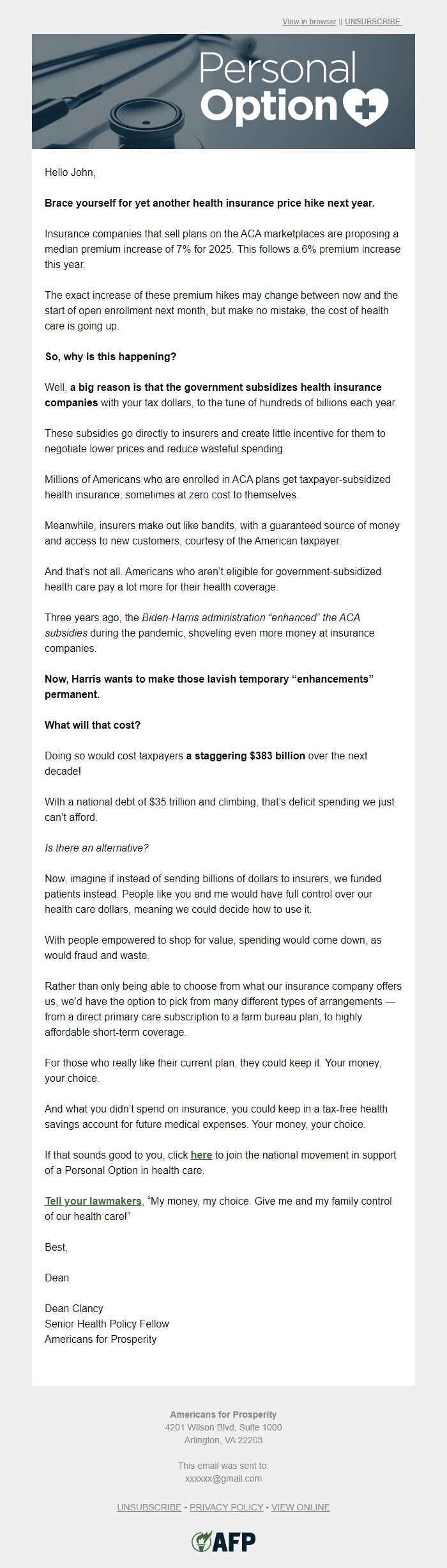 Screenshot of the email generated on import