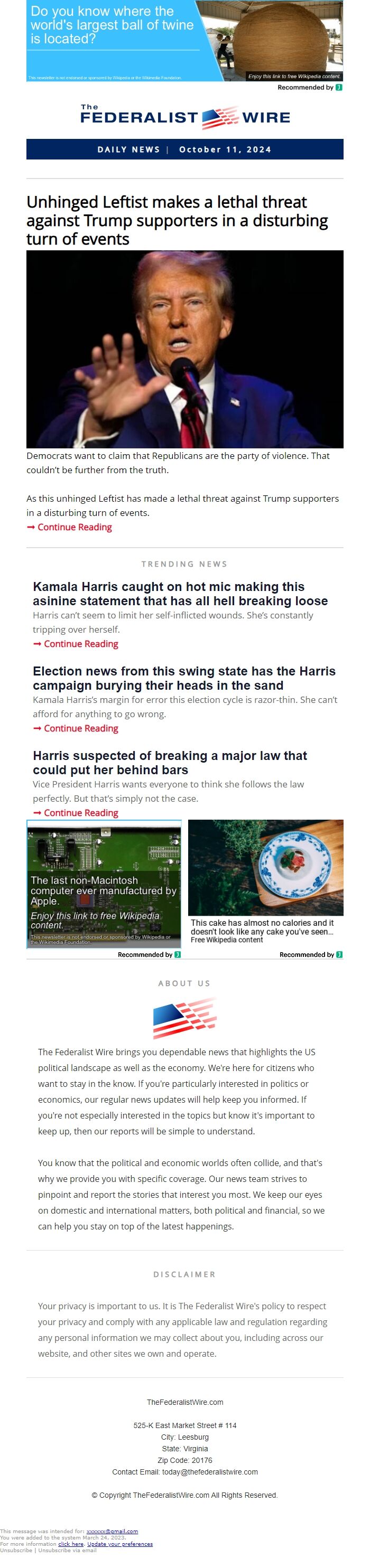 Screenshot of the email generated on import