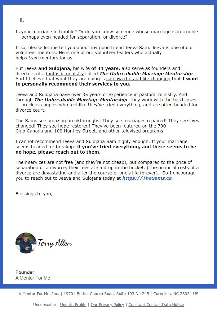 Screenshot of the email generated on import