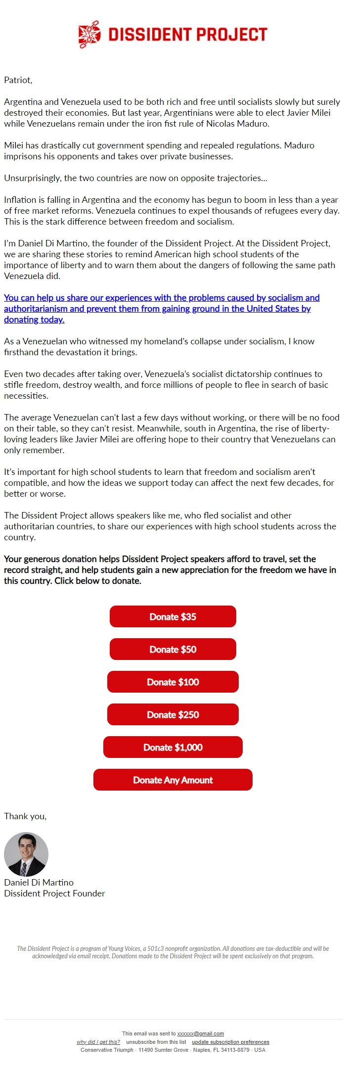 Screenshot of the email generated on import