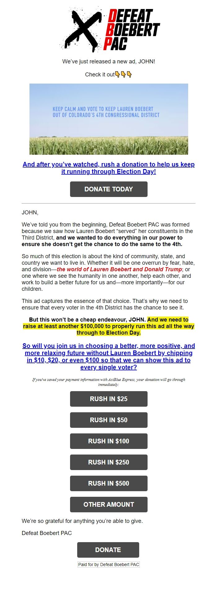 Screenshot of the email generated on import