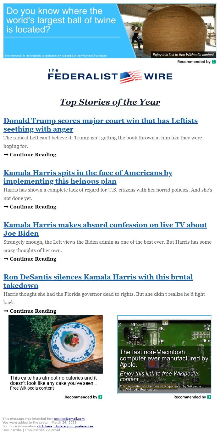 Screenshot of the email generated on import