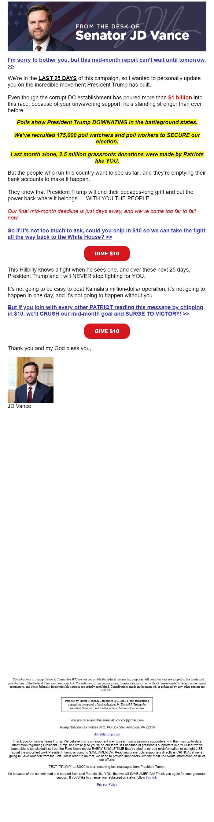 Screenshot of the email generated on import