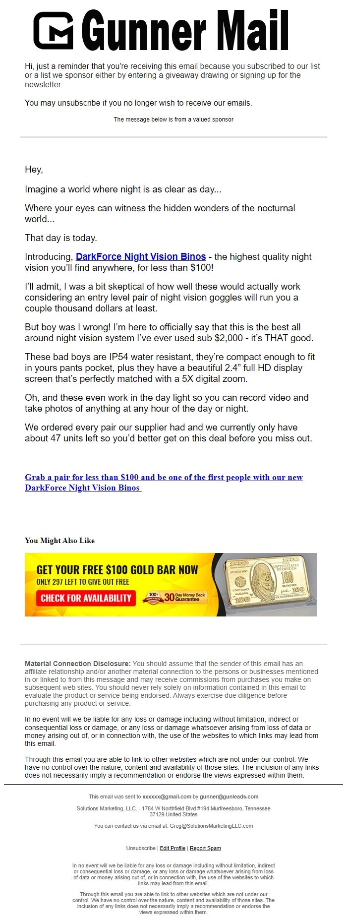 Screenshot of the email generated on import